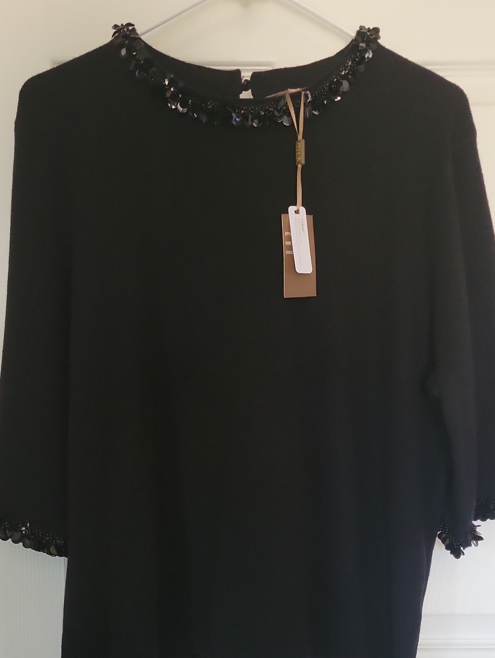 Mila Black 3/4 -Sleeve Sweater with Beaded Neckline